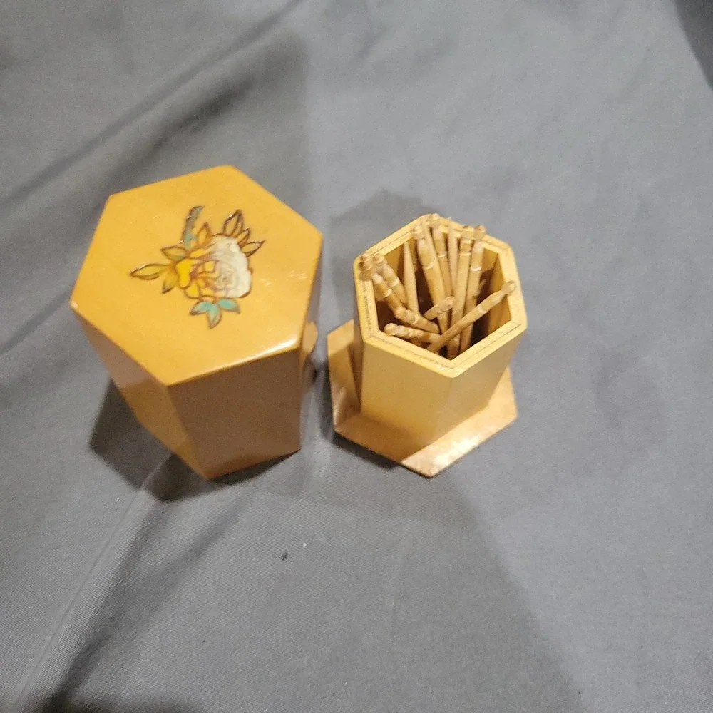 Vintage Handmade Wooden Toothpick Holder Made In China Flowers
